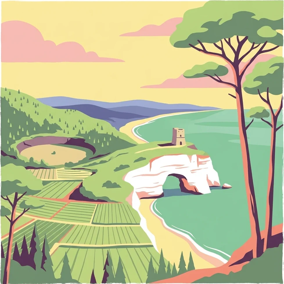 Paisaje costero ilustrado con un arco de roca blanca, una torre en un acantilado, campos agrícolas verdes, colinas boscosas y una costa con agua azul bajo un cielo amarillo con nubes rosadas