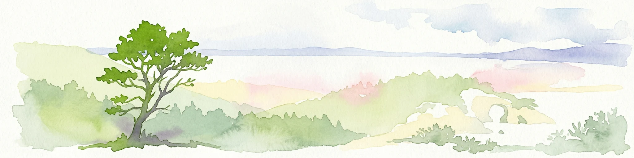 Ilustración en acuarela de un árbol, colinas verdes y una vista de agua a lo lejos