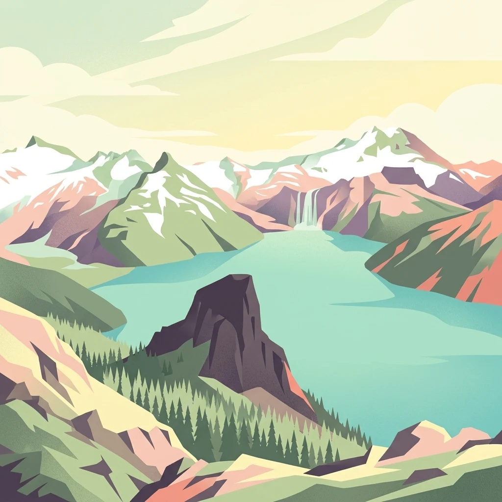 Una ilustración digital de un lago alpino de color turquesa enclavado entre montañas escarpadas y nevadas, con un prominente pico volcánico en primer plano y una cascada en la distancia.