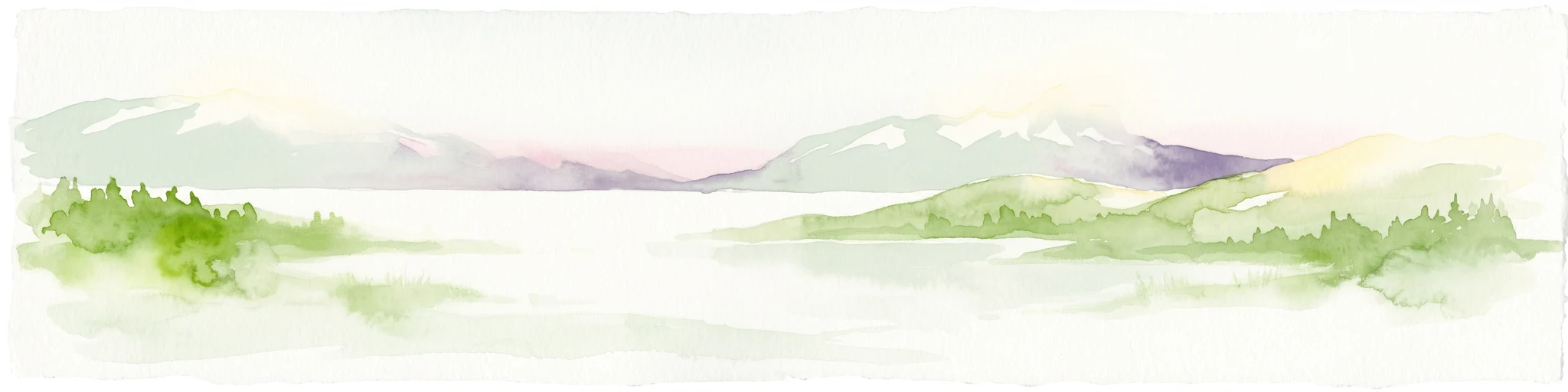A horizontal watercolor painting depicting a light, airy landscape with distant snow-capped mountains, rolling green hills, and coniferous forest edges.