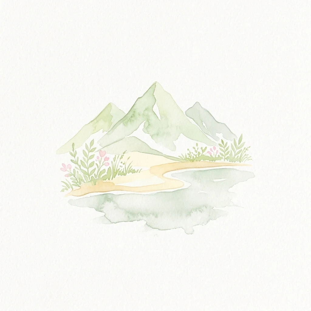 Ilustración en acuarela de montañas, un lago y vegetación sobre un fondo blanco