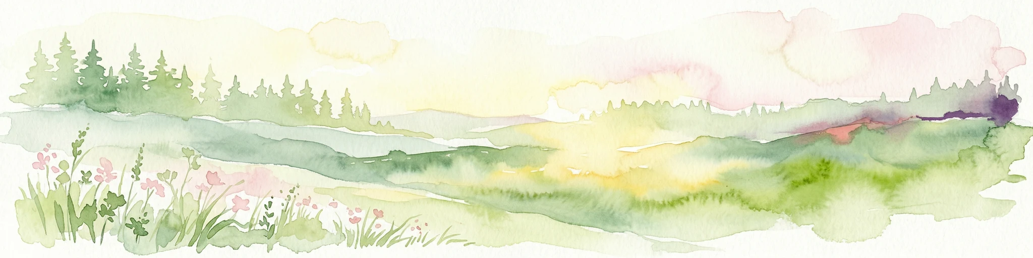 Ilustración en acuarela de un paisaje forestal con flores rosas, árboles verdes y un cielo amarillo