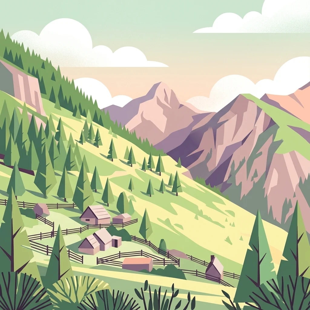 A flat-style digital illustration of an alpine valley in Gashi Valley, Albania, showing small mountain cabins with wooden fences on a grassy slope, backed by large jagged mountains under a soft sky.