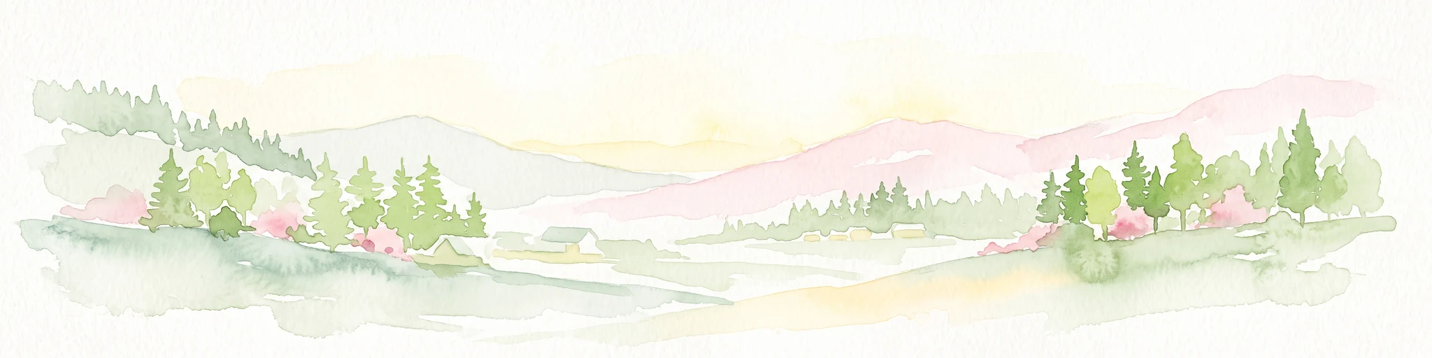 A soft watercolor illustration of a mountain landscape with coniferous trees, rolling hills, and hazy pink mountains in the distance, set against a plain white background.