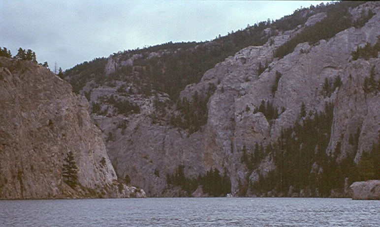 A wide, eye-level shot of a deep river canyon with steep, pale limestone rock faces rising from the water, dotted with coniferous trees under a cloudy sky.