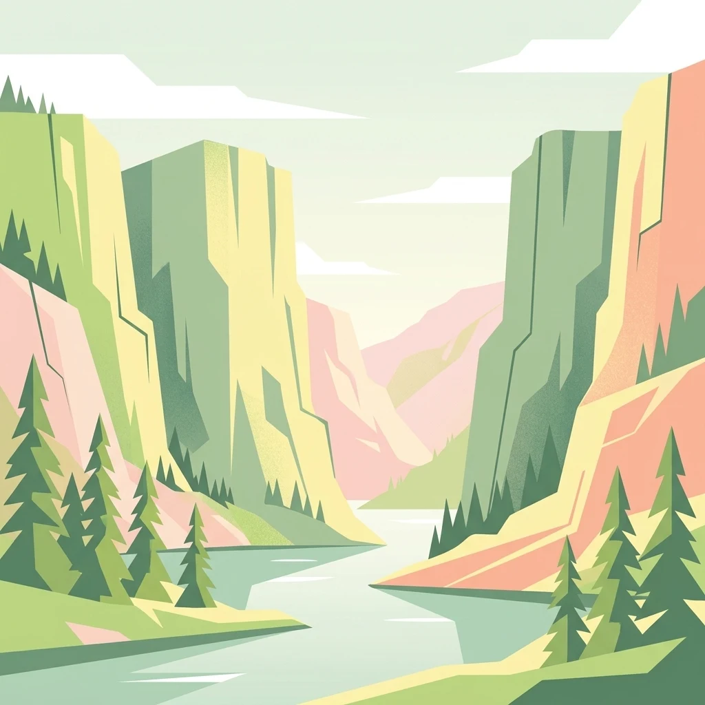 A flat-style digital illustration showing a river flowing between high, steep limestone canyon walls, flanked by coniferous trees under a pale sky.