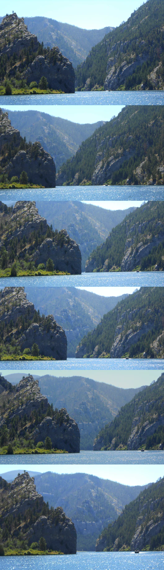 A vertical composite of six similar photographs showing a river flowing between steep limestone cliffs.
