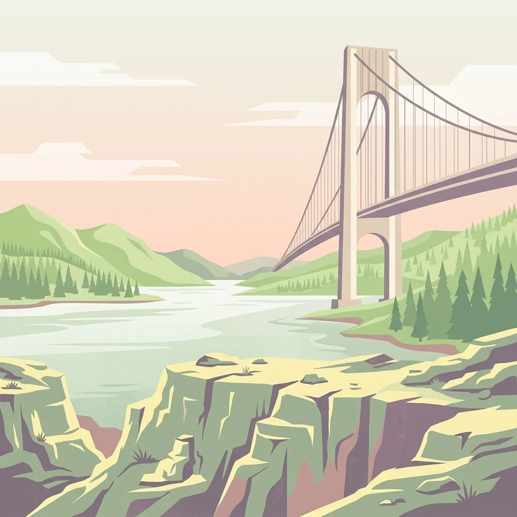 Una ilustración vectorial plana y estilizada de un puente colgante que se extiende sobre un río, con colinas verdes, árboles de hoja perenne y acantilados rocosos en primer plano bajo un cielo pálido.