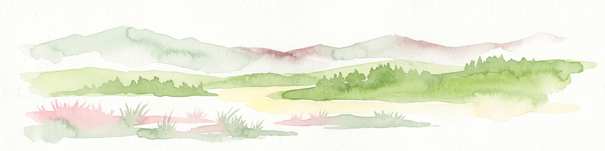 Watercolor painting of a light, abstract landscape featuring green fields, soft hills in the background, and touches of pink and yellow vegetation.