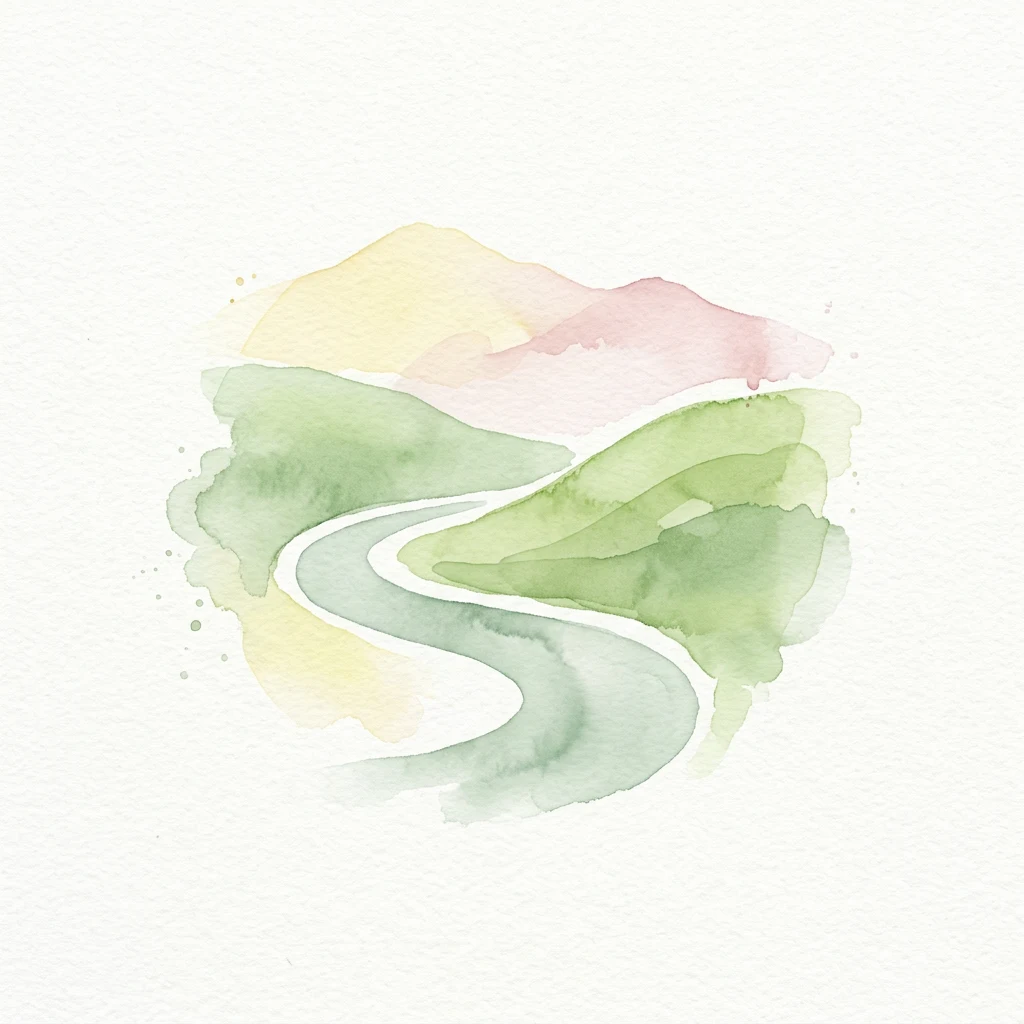 Watercolor painting of a winding river flowing through green hills with distant mountains in soft yellow and pink hues