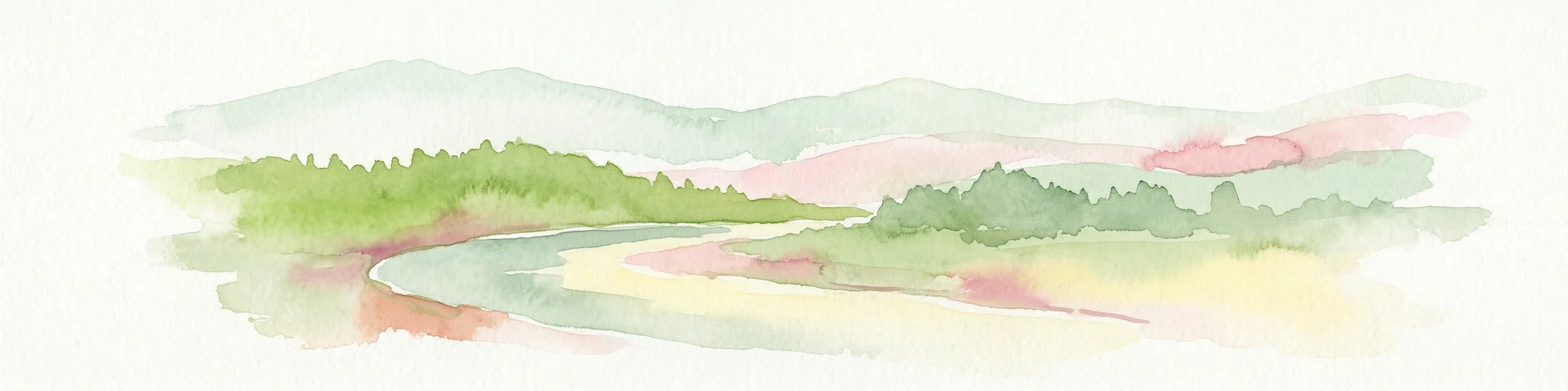Ilustración acuarela de un río que fluye a través de un valle con colinas y vegetación