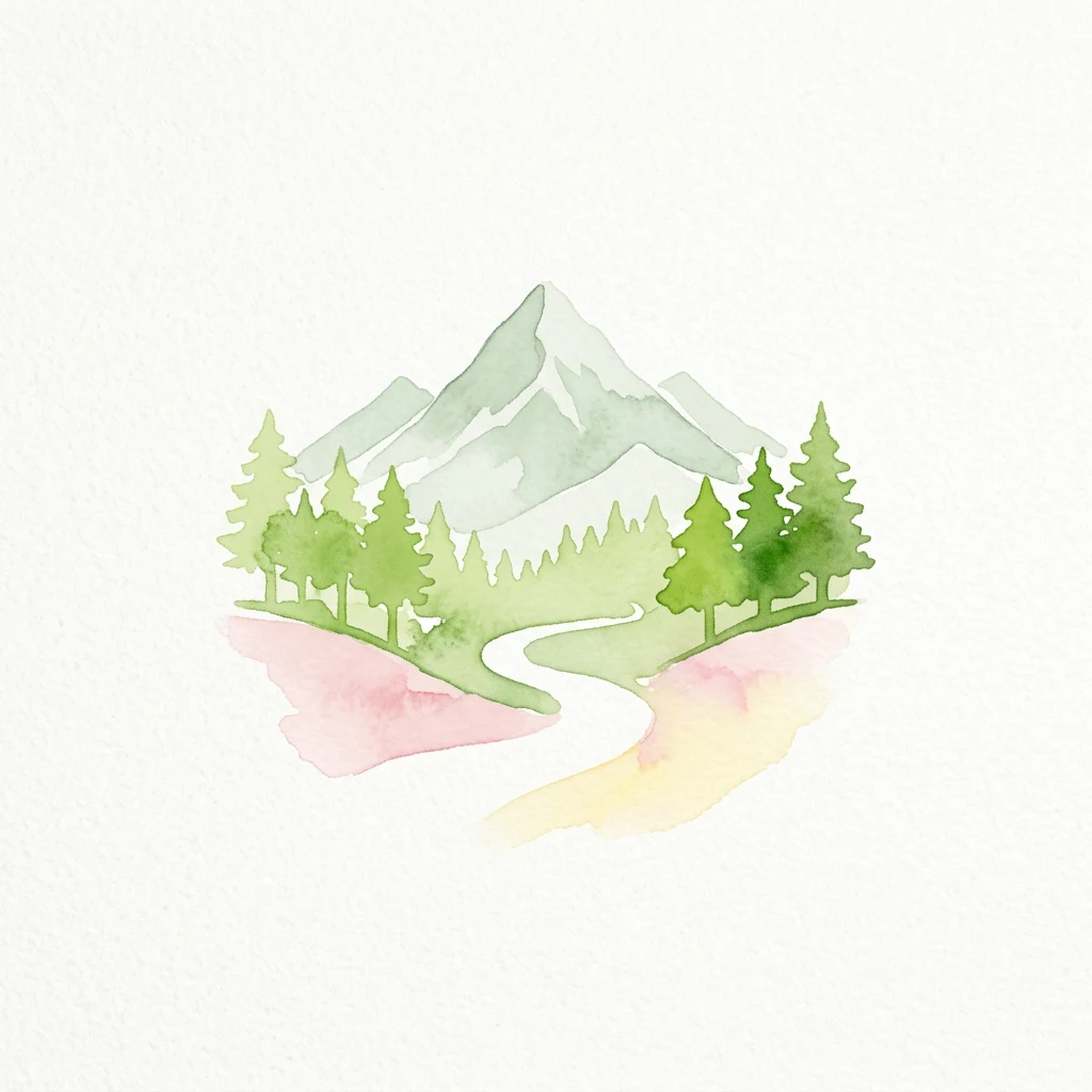 Watercolor illustration of a mountain landscape with green trees, a winding path, and pink and yellow terrain