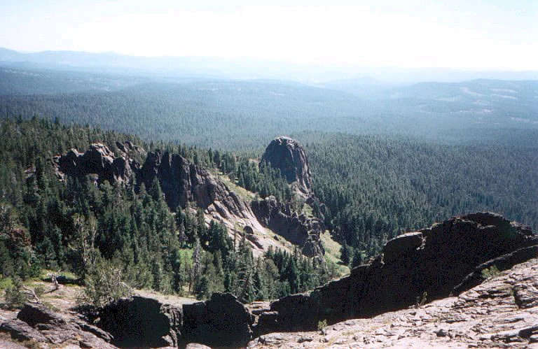 An expansive high-angle view of a dense coniferous forest with prominent rocky outcrops, ridges, and valleys in Gearhart Mountain Wilderness.