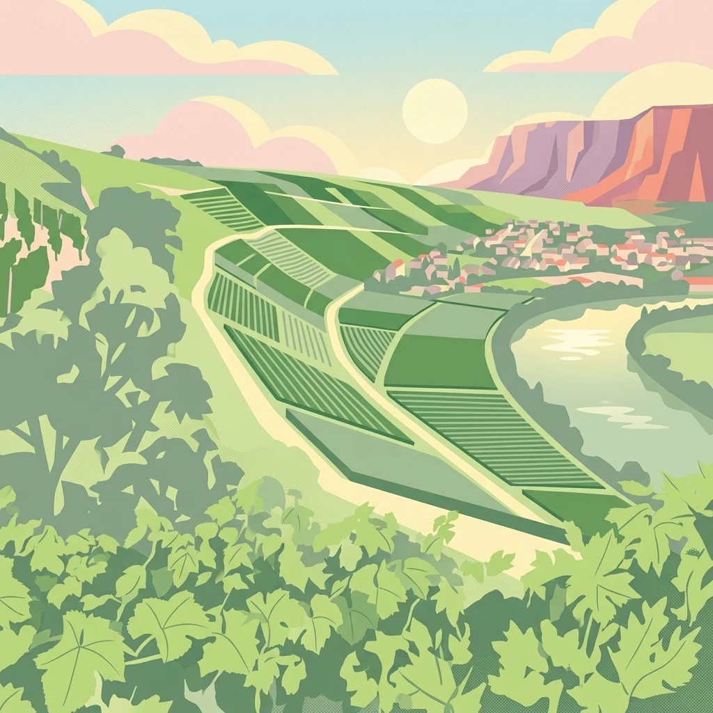 An illustration of terraced vineyards on hillsides overlooking a winding river and a small town, set against a sunset sky.