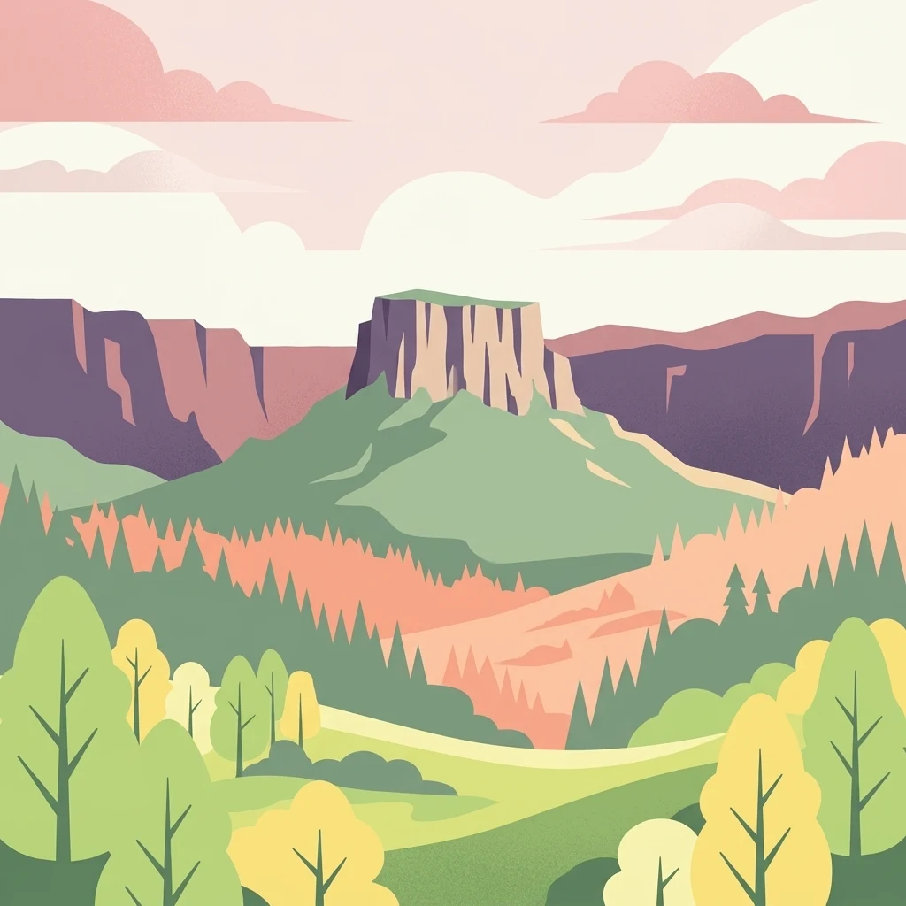 Una ilustración digital de una montaña de cima plana o meseta frente a un suave cielo al atardecer, rodeada de colinas onduladas y árboles verdes estilizados.