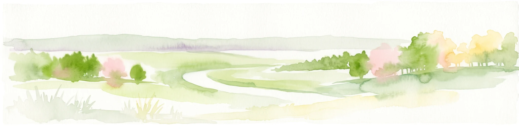A minimalist watercolor illustration showing a winding river flowing through a soft green landscape with rolling hills in the background and clusters of trees.
