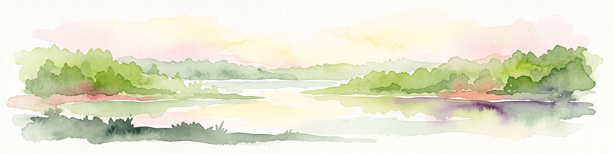A horizontal watercolor painting showing a quiet pond or lake surrounded by low, green vegetation and soft, pastel skies.