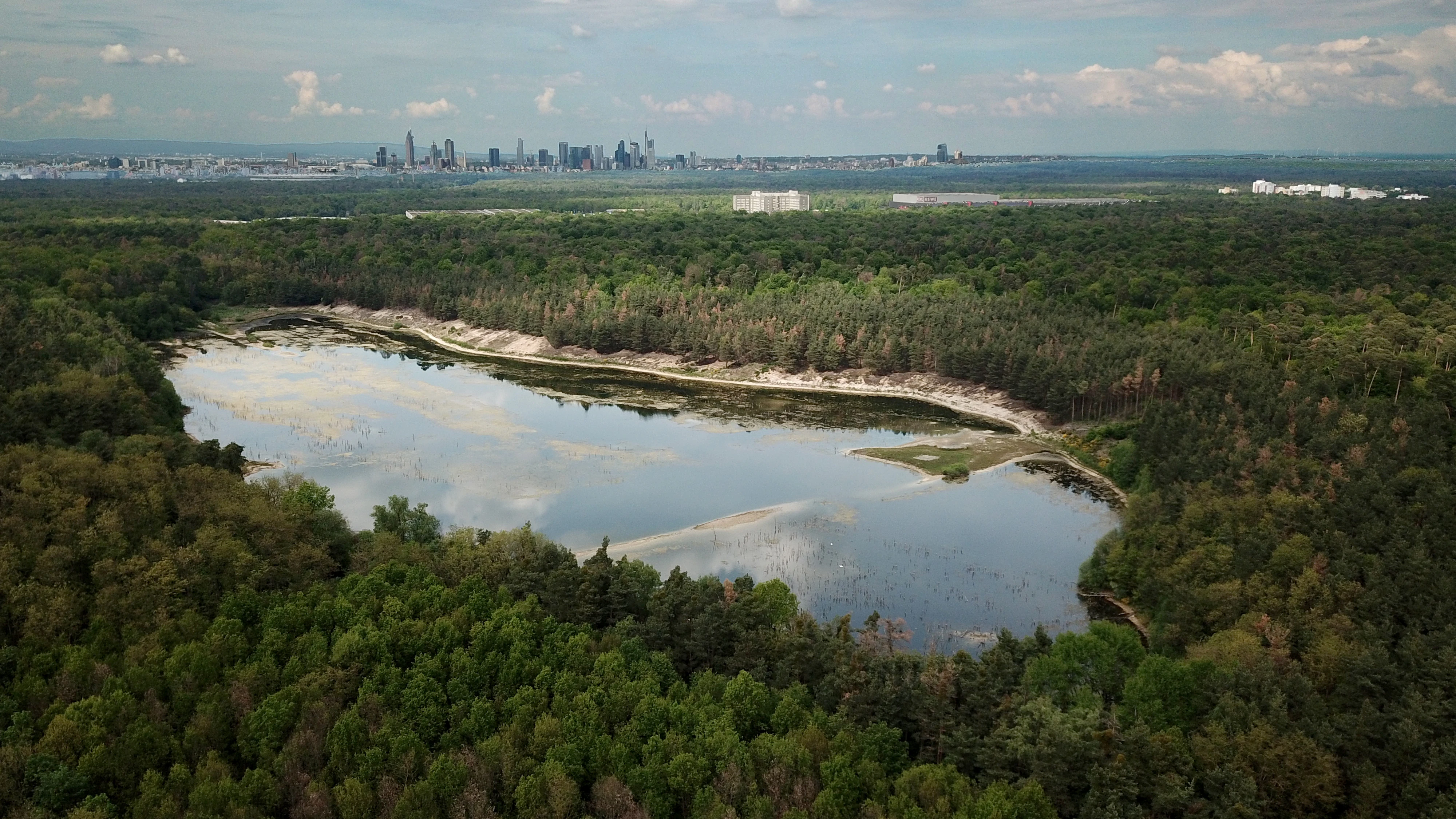 An aerial view of the Gehspitzweiher pond surrounded by a dense forest, with a modern urban skyline on the distant horizon.
