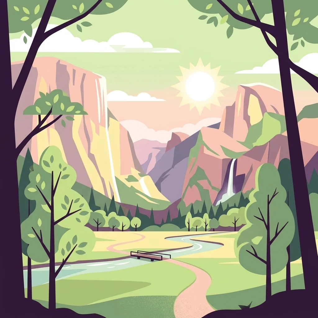 A flat vector illustration showing a mountain valley at sunrise. In the foreground, a path leads to a bridge over a winding river. Mountains with a waterfall rise in the background, framed by dark silhouettes of trees on either side.