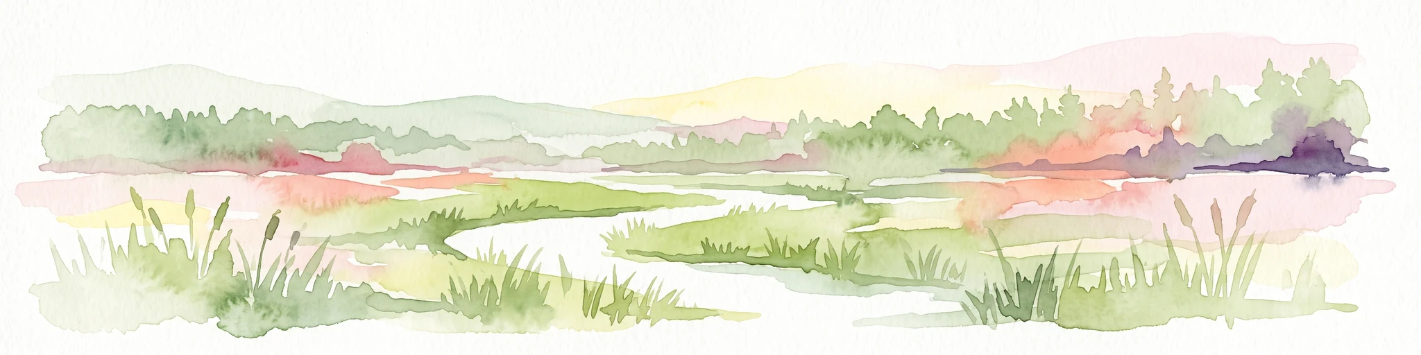 A horizontal watercolor illustration depicting a meandering stream through green valley meadows, flanked by soft foliage and rolling hills in the background.