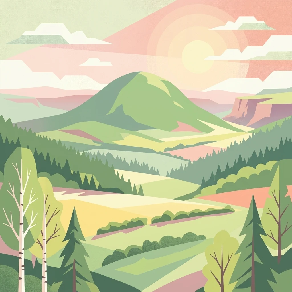 Ilustración digital de estilo plano de un pico montañoso verde bajo un sol poniente, rodeado de colinas onduladas, bosques y prados en los Montes Metálicos.