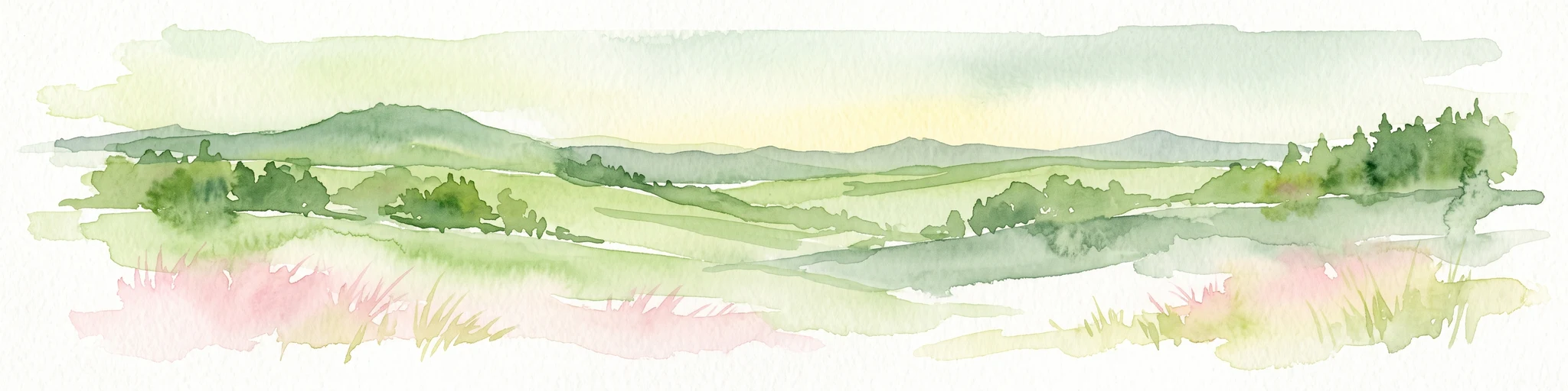 Watercolor painting of a panoramic mountain landscape with rolling green hills, patches of forest, and distant peaks under a soft sky.