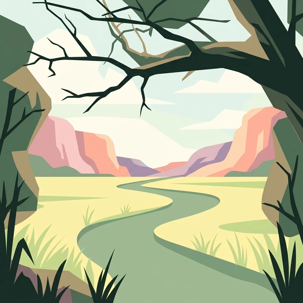 Una ilustración digital de un río serpenteante que fluye a través de un valle plano entre colinas onduladas y bajas, enmarcado por siluetas oscuras de árboles en primer plano.