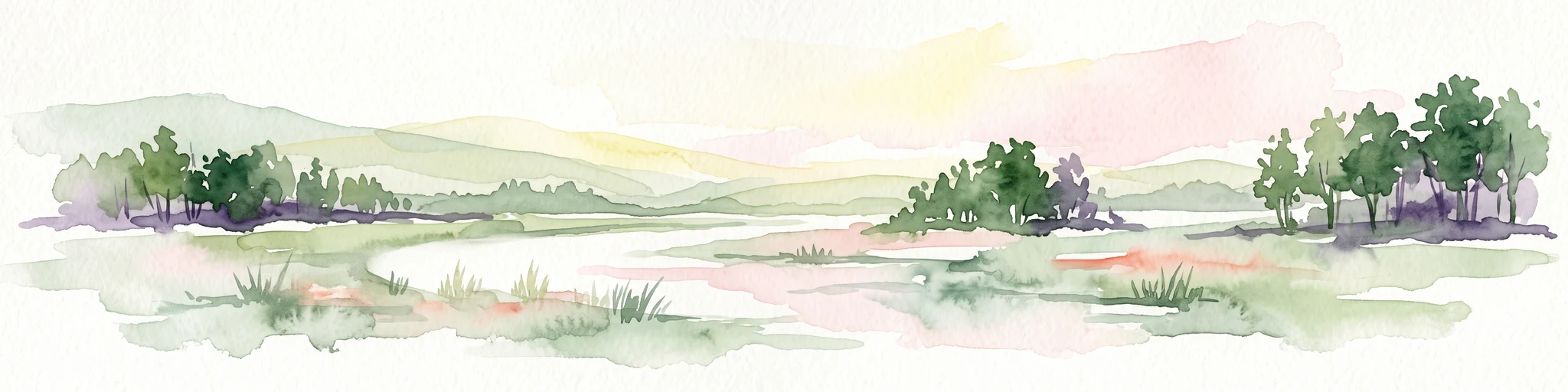 A watercolor painting showing a winding river through a flat, green landscape with clusters of trees and soft, rolling hills in the background.