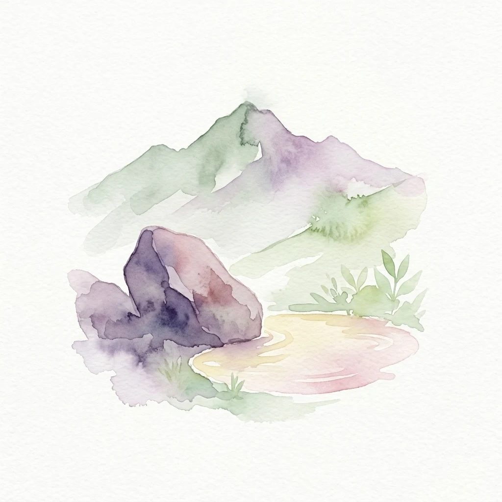 A watercolor illustration showing purple and green mountains in the background, a large purple rock in the foreground, some green grass, and a small yellow and pink pool of water on a white background.