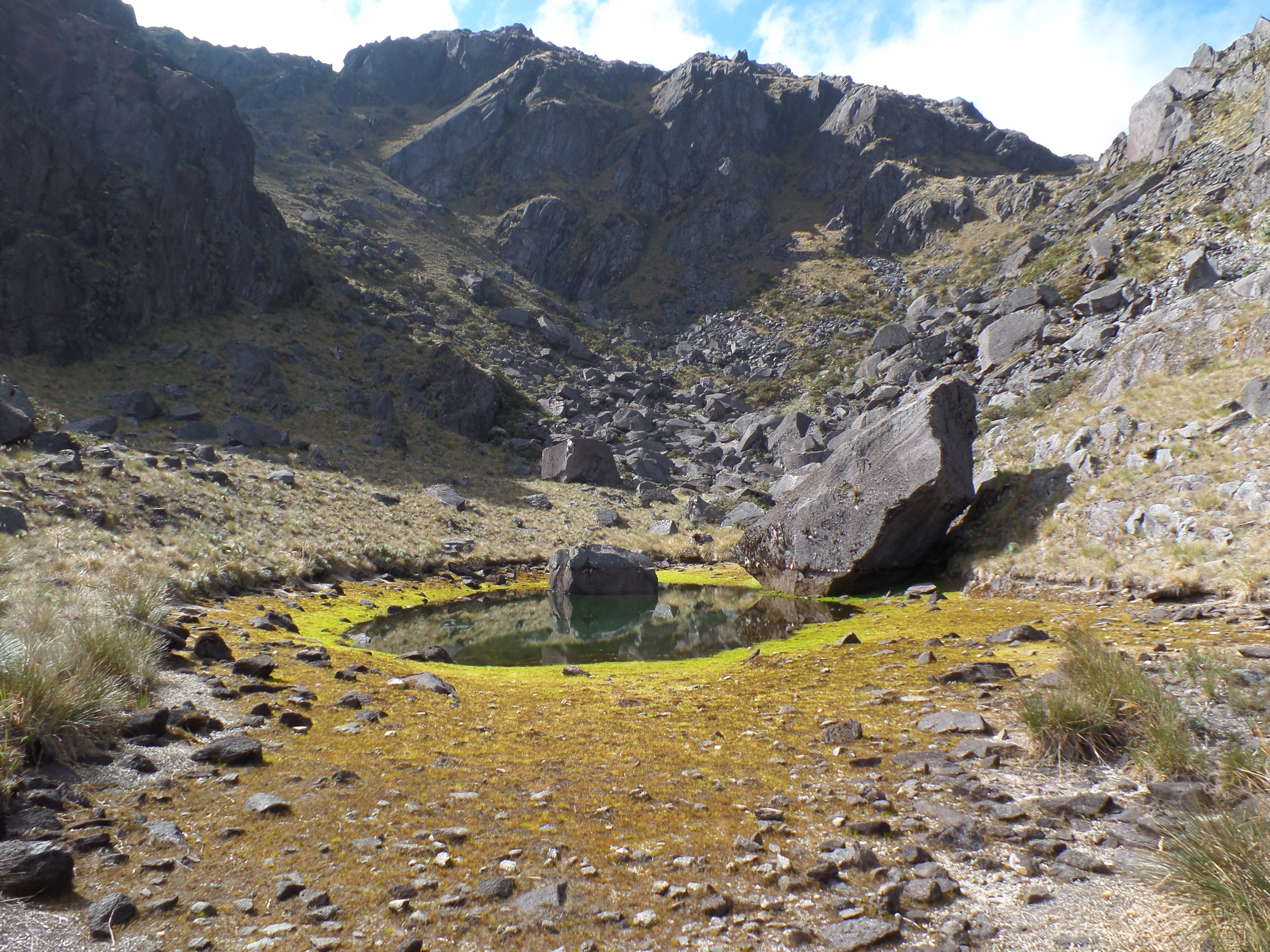 A small rocky lagoon with green algae around its edges and a large boulder in the center, situated in a rocky mountain valley with steep slopes and sparse vegetation under a partly cloudy sky.