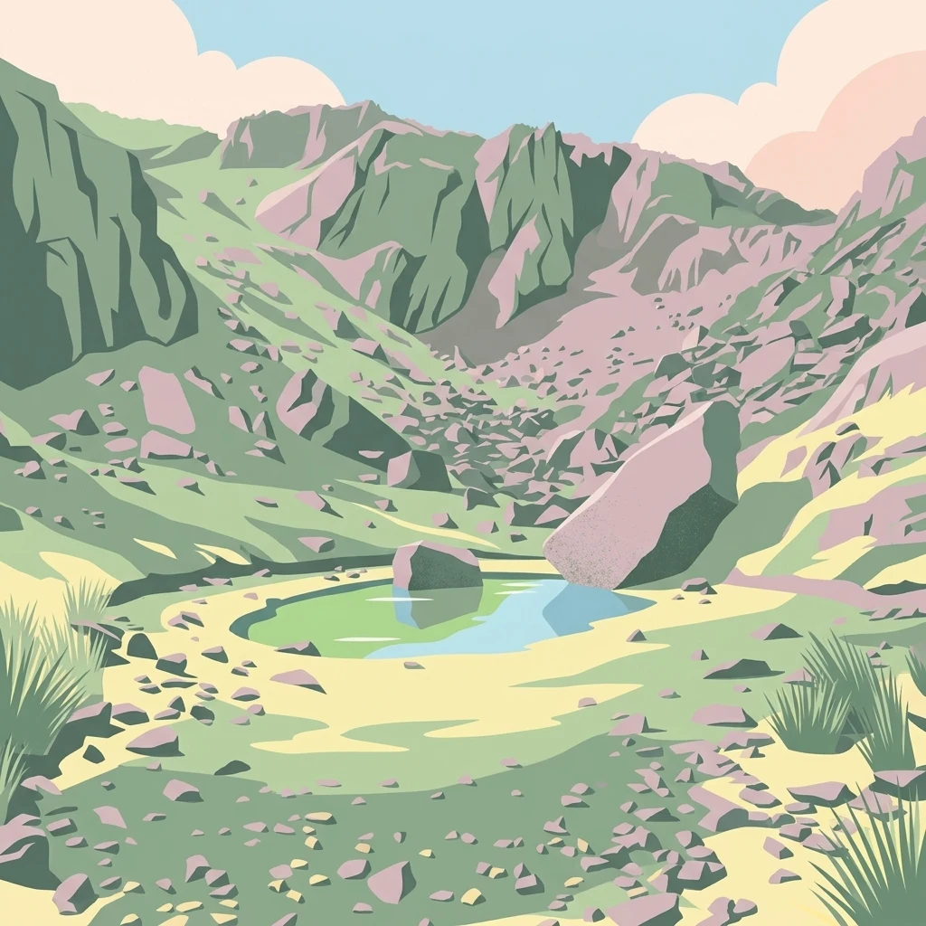 Ilustración estilizada que muestra un valle montañoso rocoso con un pequeño lago azul verdoso en el centro, rodeado de rocas dispersas, vegetación herbácea escasa y picos montañosos de colores pastel en el fondo, bajo un cielo azul claro con nubes rosadas.