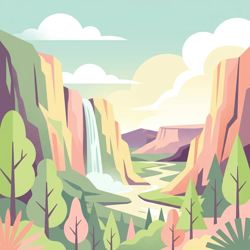 A flat-style digital illustration depicting a valley with steep canyon walls, a waterfall, and a winding river surrounded by simplified trees and clouds.