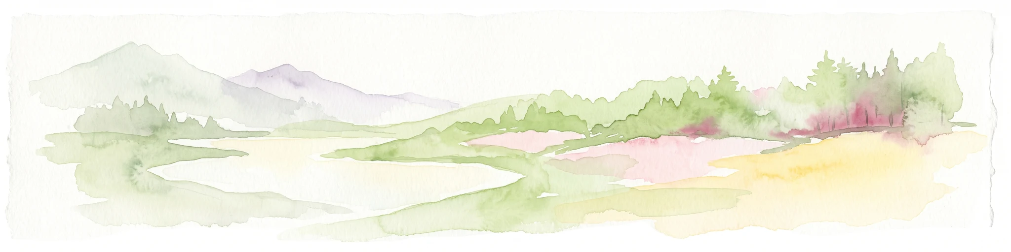Watercolor painting showing a stylized, soft landscape with gentle green hills, a light-colored central valley area, and muted mountain silhouettes in the background.