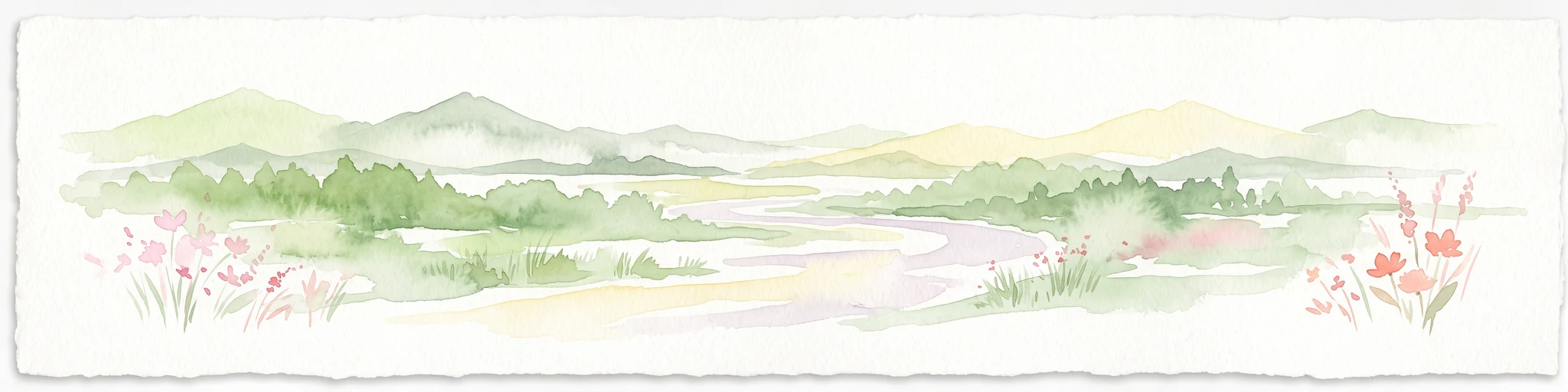 A horizontal watercolor painting showing a soft mountain range with green forests, a winding river valley, and wildflowers in the foreground.