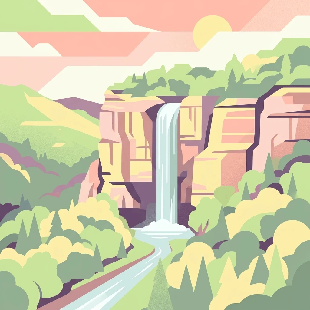 A flat-style digital illustration featuring a waterfall descending from a rocky cliff, surrounded by stylized green trees and rolling mountains under a setting sun.