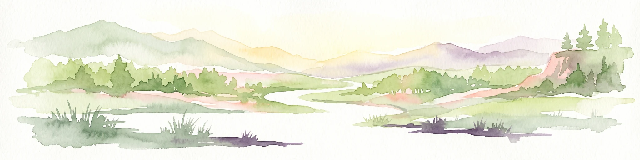 Watercolor illustration depicting a serene mountain landscape with a winding river, rolling hills, and scattered trees against a light background.