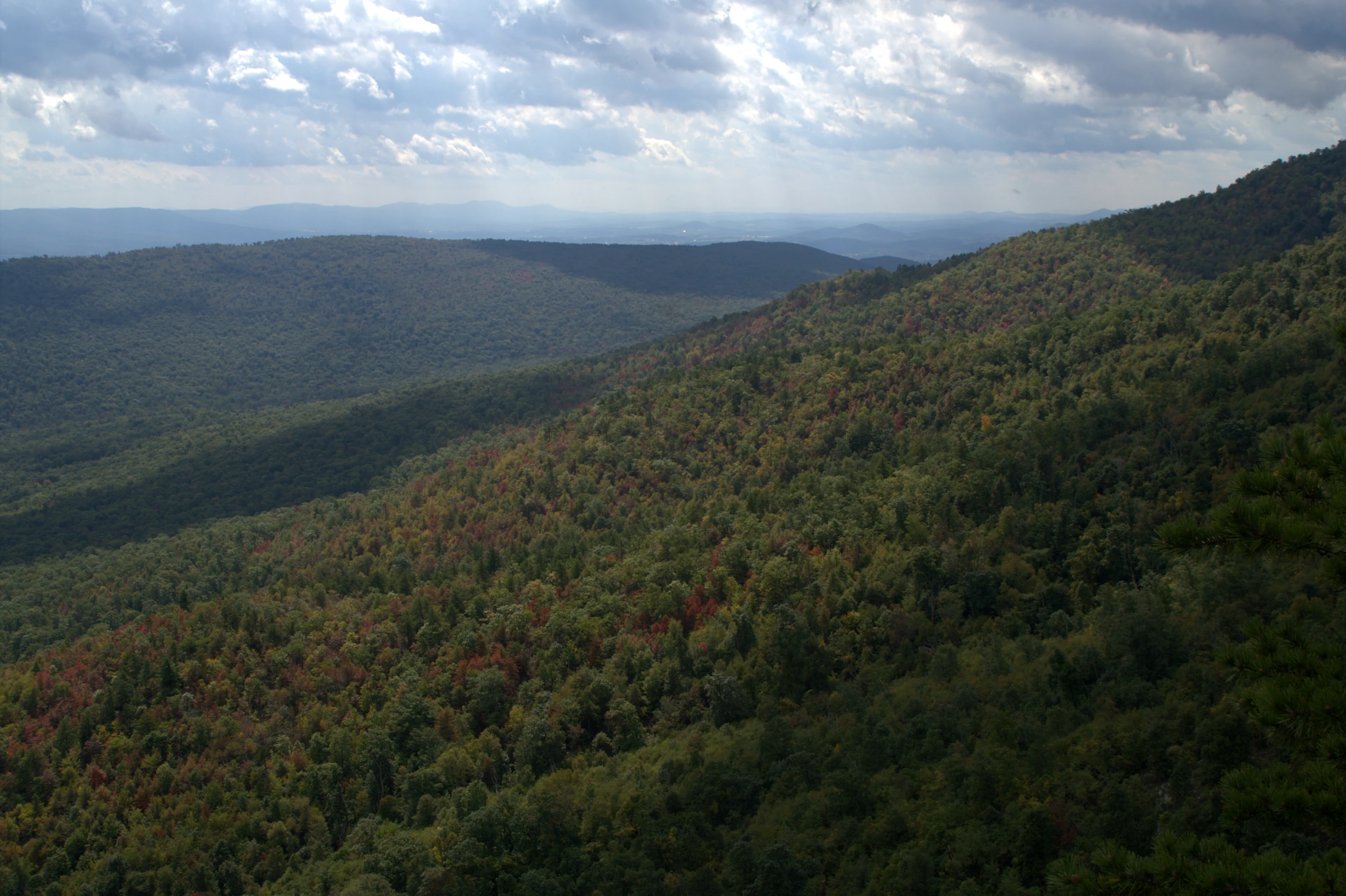 A wide, high-angle view of a vast, forested Appalachian mountain range under a cloudy sky.