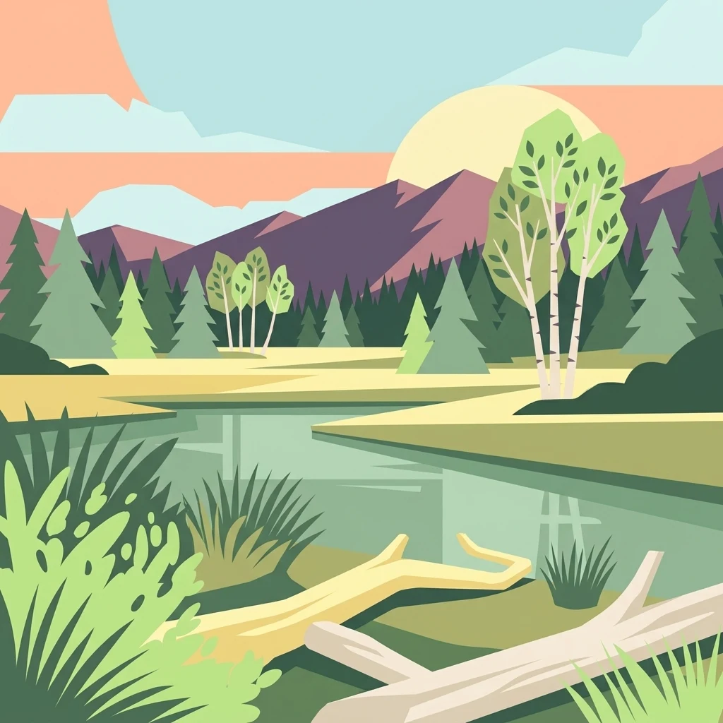 A flat-style digital illustration of a serene landscape with a calm pool of water, coniferous and birch trees, fallen logs, and rolling mountain peaks under a soft, light-filled sky.