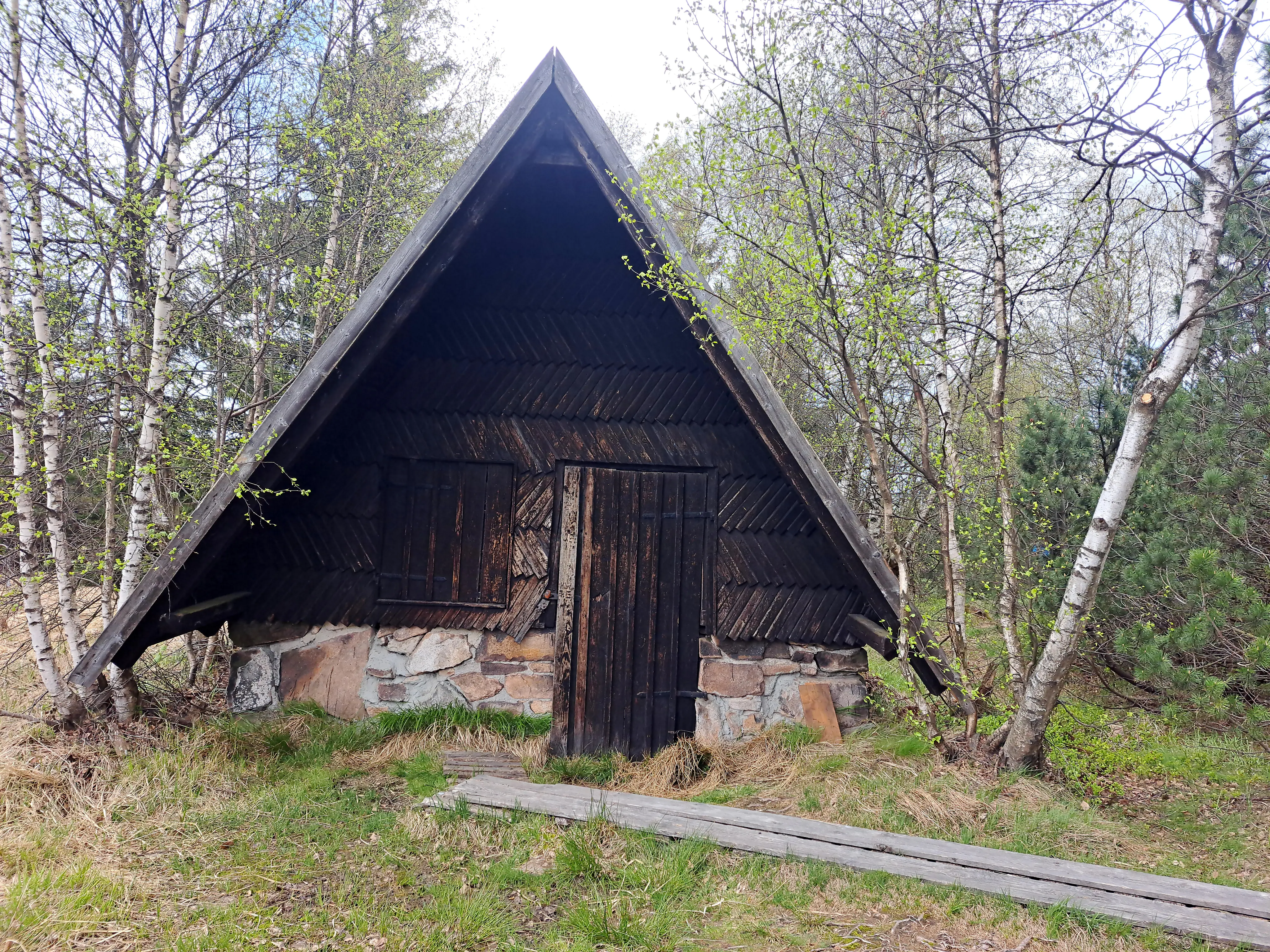 A small dark wooden cabin with an A-frame roof and a stone foundation, surrounded by birch trees and accessed by a wooden boardwalk.