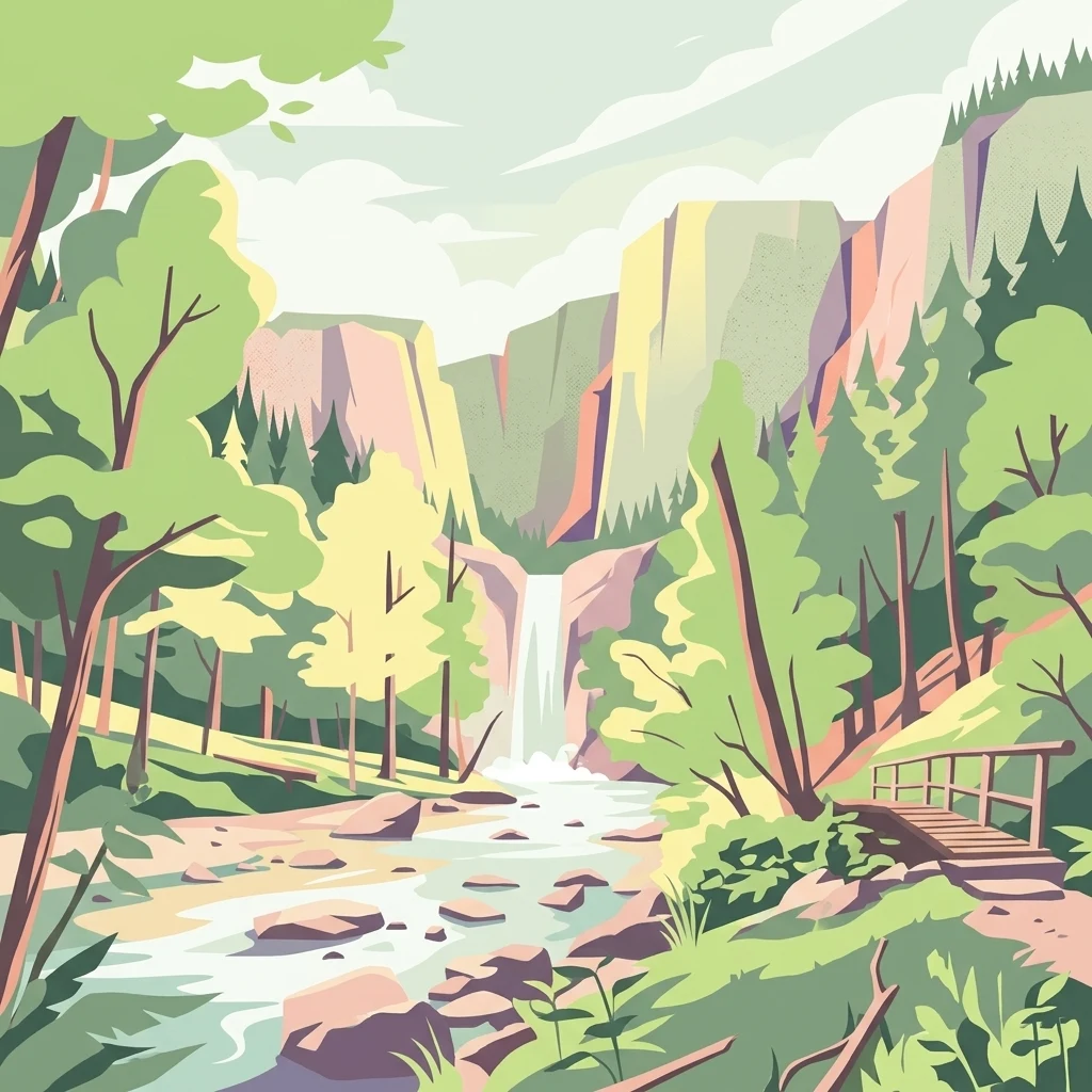 Una ilustración digital de un cañón boscoso con una cascada que cae en un arroyo rocoso y un pequeño puente de madera en la orilla derecha.