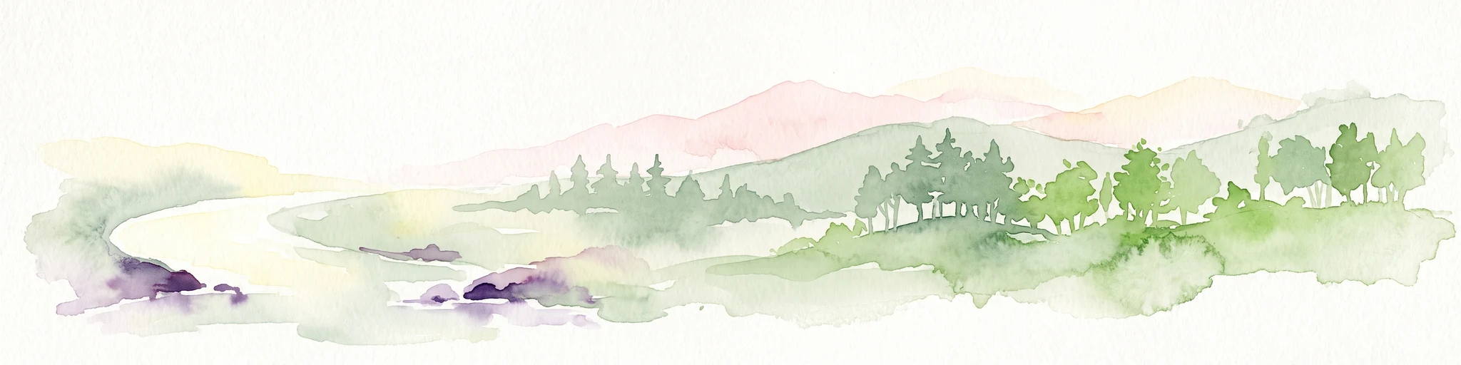 A soft watercolor painting of a winding river flowing through a forested valley with rolling hills in the background.