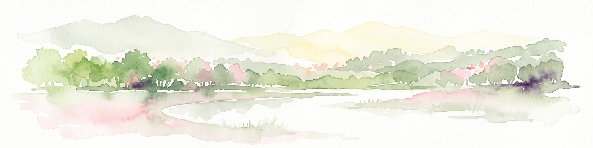Una suave acuarela horizontal que muestra un paisaje verde y ocre de árboles y colinas con una masa de agua reflectante en primer plano, sobre un fondo blanco.