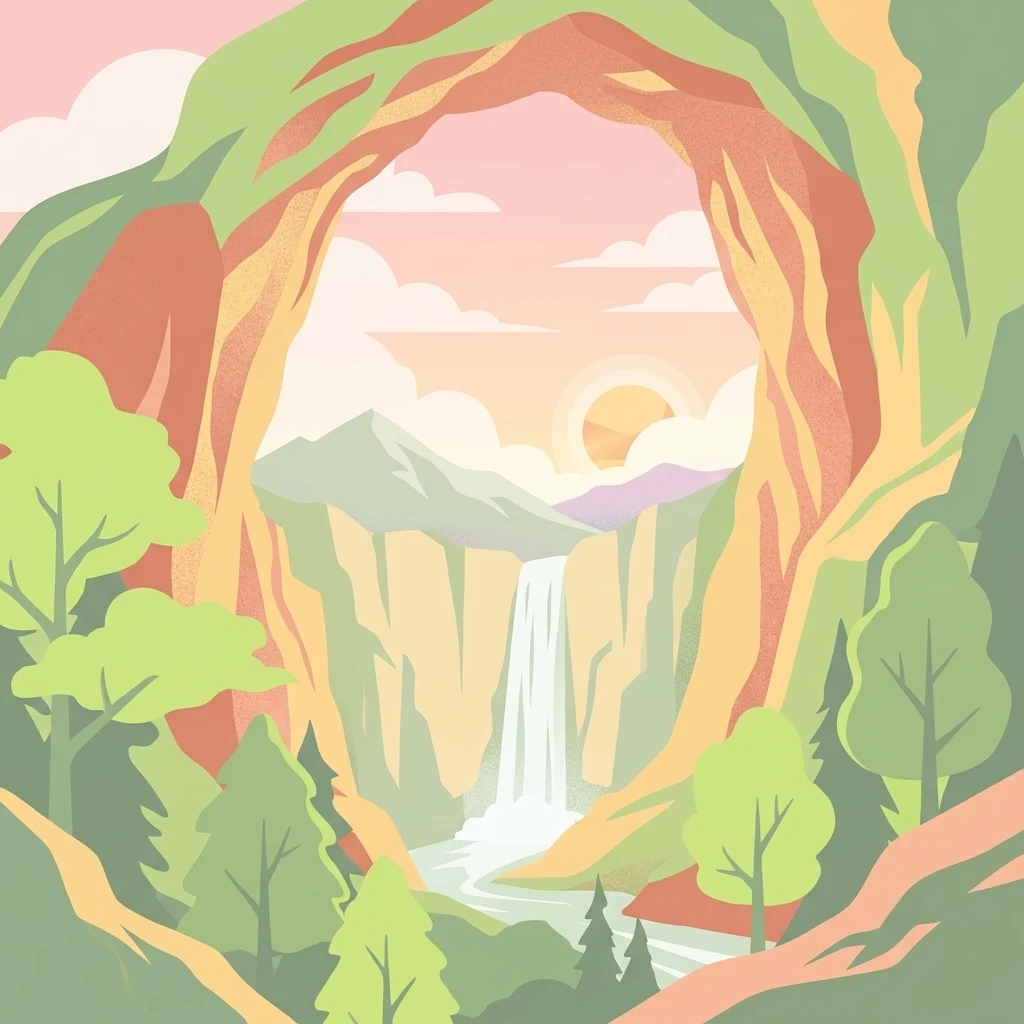 Una ilustración digital de estilo plano que muestra una vista a través de un arco de piedra natural, revelando una cascada que desciende de montañas lejanas hacia un río bajo un sol poniente.