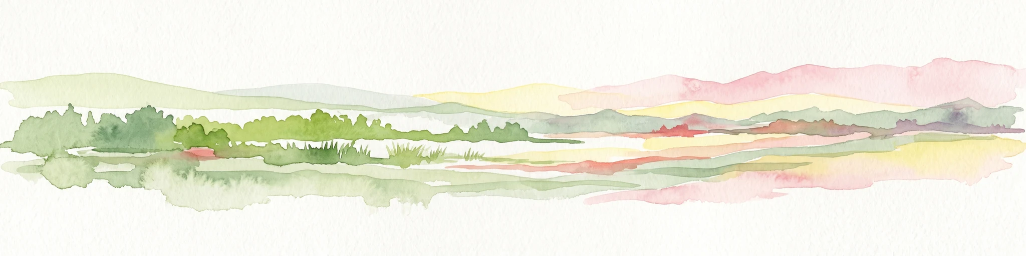 A horizontal watercolor illustration showing soft, blended washes of green, yellow, and pale pink depicting an abstract rolling landscape or horizon line against a white background.