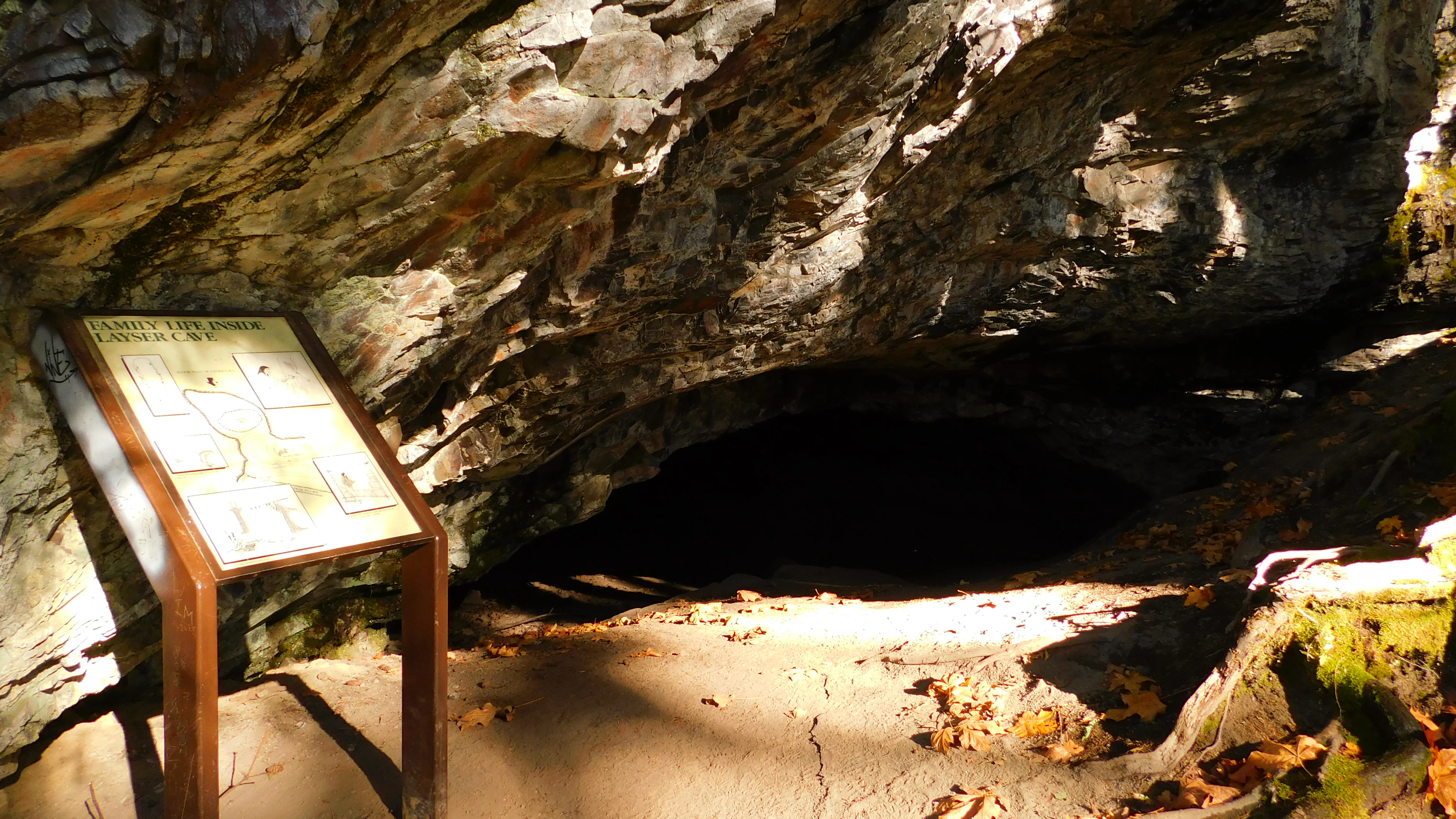 A weathered cave entrance is partially illuminated by sunlight, with a wooden interpretive sign standing in the foreground showing information about the archaeological site.