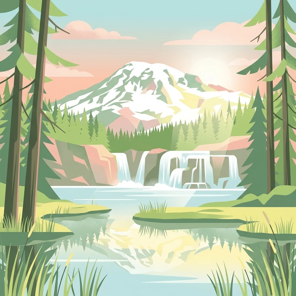 A digital illustration of a scenic park landscape featuring a prominent snow-capped mountain in the background, a multi-tiered waterfall cascading into a calm lake, and dense coniferous forests in the foreground.