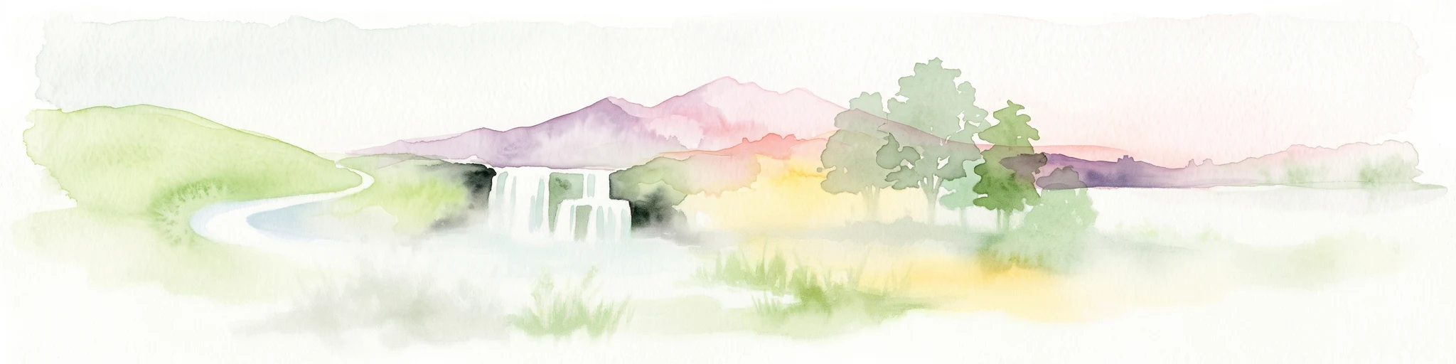 A horizontal watercolor illustration featuring a waterfall on the left, a range of rolling mountains in the background, and clusters of trees in the midground, rendered in soft, blended colors.