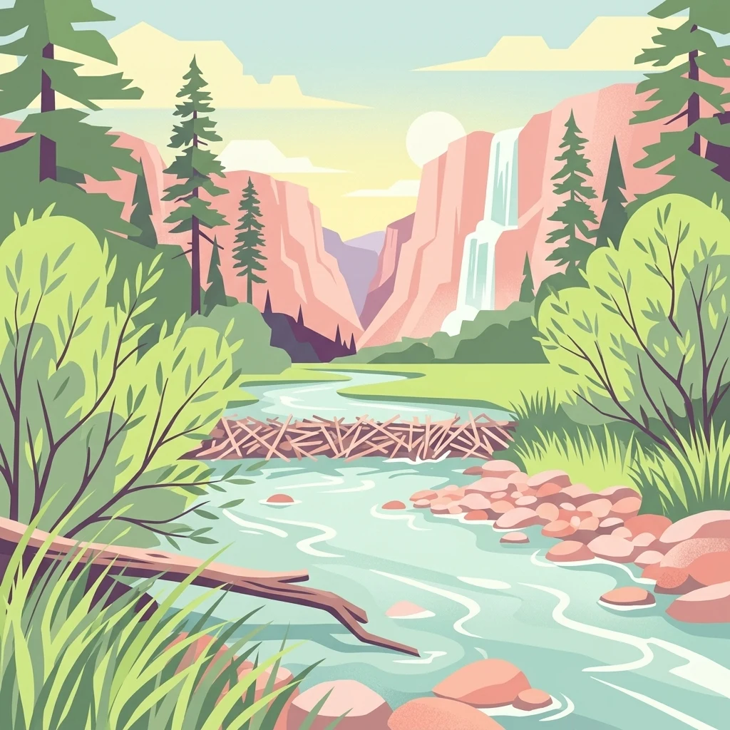 A digital illustration depicting a river flowing past a beaver dam, framed by tall evergreen trees and cliffs with a waterfall in the background.