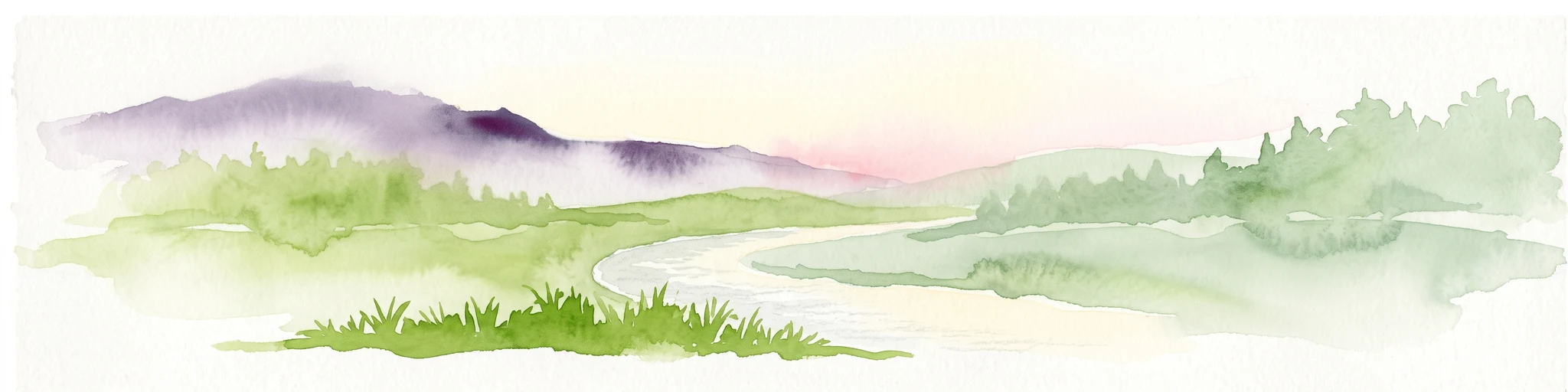 A horizontal watercolor painting showing distant mountains in shades of purple, soft green rolling hills, a central winding river or stream, and grassy foreground elements on a white background.