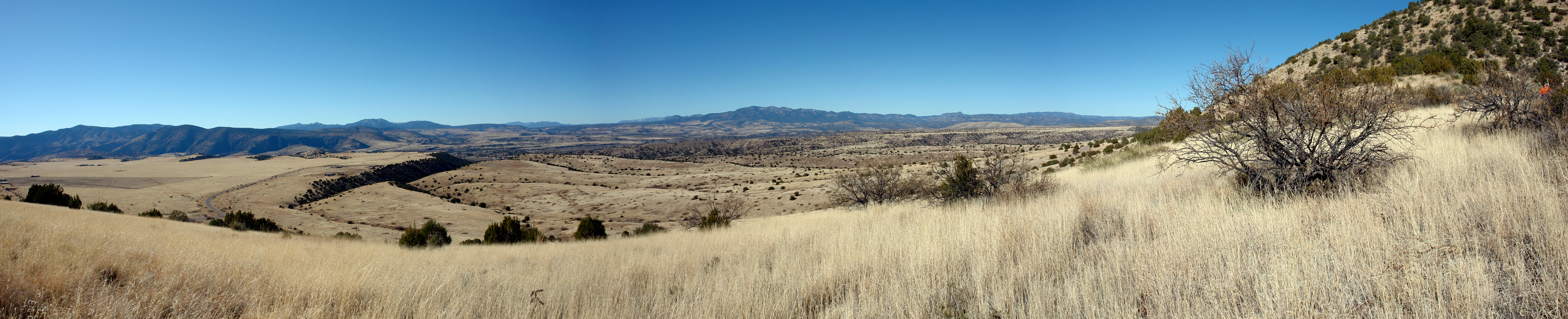Una fotografía panorámica amplia que muestra un paisaje seco y herboso con colinas onduladas, montañas lejanas y arbustos dispersos bajo un cielo azul despejado.